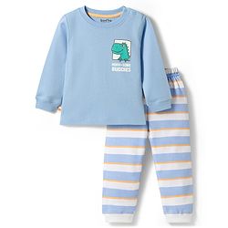 Bonfino 100% Cotton Knit Dino Chest Printed Full Sleeves T-Shirt and Striped Pyjama Night Suit  Set - Light Blue