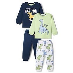 Bonfino 100% Cotton Knit Full Sleeves Dino Printed T-Shirt & Pyjama Set Pack of 2 - Navy Blue & Light Green