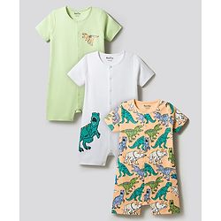 Bonfino 100% Cotton Knit Half Sleeves Front Open Rompers with Dino Print Pack of 3 - White Orange & Light Green