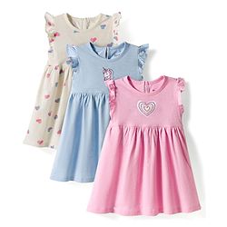 Bonfino Cotton Knit Frill Sleeves Frocks with Heart & Unicorn Print Pack of 3 - Pink Blue & White