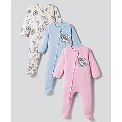 Bonfino 100% Cotton Knit Full Sleeves Unicorn Printed Footed Sleepsuits Pack of 3 -white Blue & Pink