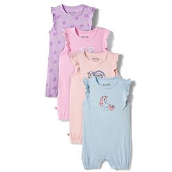 Bonfino 100% Cotton Knit Flutter Sleeves Romper with Polka Dots & Unicorn Print Pack of 4 - Blue Pink & Purple