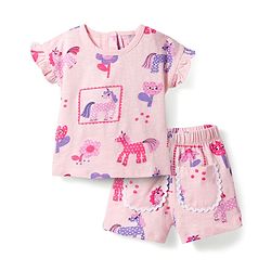 Bonfino 100% Cotton Knit Half Frill Sleeves Co-ords T-Shirt & Shorts Set with Unicorn Print - Peach