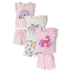 Bonfino 100% Cotton Knit Frill Sleeves T-Shirts & Shorts Set with Unicorn Print & Tassel Pack of 3 - Pink Peach & White