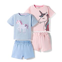 Bonfino 100% Cotton Knit Half Sleeves T-Shirts & Shorts Sets with Unicorn Glitter Print Pack of 2 - Blue & Pink