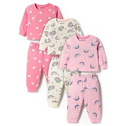 Bonfino 100% Cotton Knit Full Sleeves Unicorn Printed T-Shirt &  Pajamas Co-Ord Night Suit Pack of 3 - Pink & White