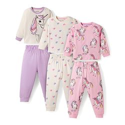 Bonfino 100% Cotton Knit Full Sleeves T-Shirt & Joggers Co-ord Set With Unicorn & Heart Print Pack of 3 - Multicolor