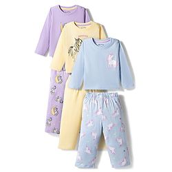 Bonfino 100% Cotton Knit Full Sleeves Unicorn Printed Full Sleeves T-shirt & Pyjama Set Pack of 3 -blue, Yellow & Purple