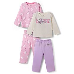 Bonfino 100% Cotton Knit Full Sleeves T-Shirts & Lounge Pants Set with Unicorn Print Pack of 2 - Light Pink & White