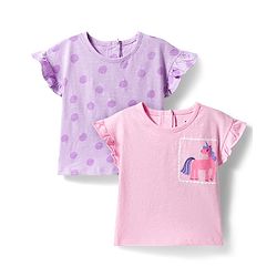 Bonfino 100% Cotton Knit Half Frill Sleeves T-Shirts with Polka Dot & Unicorn Print Pack of 2 - Pink & Lavender