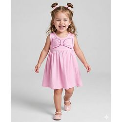 Bonfino 100% Cotton Knit Sleeveless Frock With Bow Applique - Pink