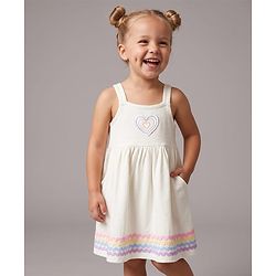 Bonfino 100% Cotton Knit Sleeveless Heart Embroidered Frock with Pocket Detailing - White