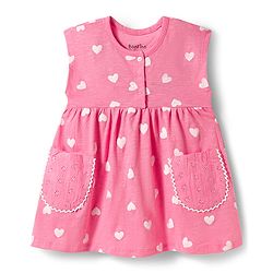 Bonfino 100% Cotton Knit Sleeveless Frock With Heart Print & Pockets - Pink