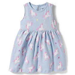 Bonfino 100% Cotton Knit Sleeveless Frock With Unicorn Print & Bloomer - Blue