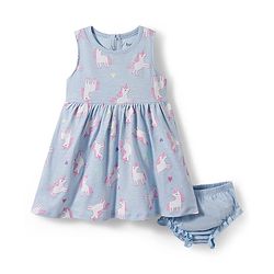 Bonfino 100% Cotton Knit Sleeveless Frock With Unicorn Print & Bloomer - Blue