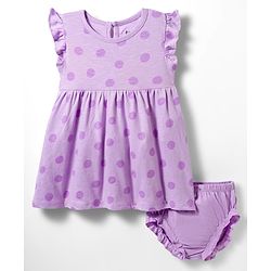 Bonfino 100% Cotton Knit Frill Sleeves Frock With Polka Dot Print & Bloomer - Lavender