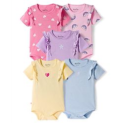 Bonfino 100% Cotton Knit Half Flutter Sleeves Rainbow Hearts Printed & Embroidered Onesies Pack of 5 - Multicolour