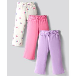 Bonfino 100% Cotton Knit Full Length Flare Leggings With Heart Print Pack Of 3 - White Pink & Purple