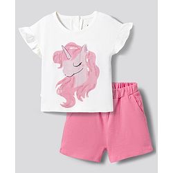 Bonfino 100% Cotton Knit Frill Sleeves T-Shirt & Shorts Set with Unicorn Print & Sequin Detailing - Pink & White