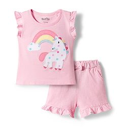 Bonfino 100% Cotton Knit Flutter Sleeves Unicorn Printed T-Shirt & Shorts Set with Frill Detailing - Pink