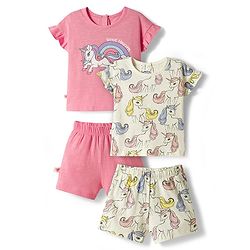 Bonfino 100% Cotton Knit Half Flutter Sleeves Unicorn Printed T-Shirts &  Shorts Set Pack of 2 - Pink & White
