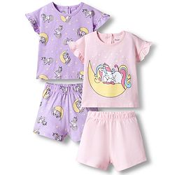 Bonfino 100% Cotton Knit Half Sleeves Unicorn Printed T-Shirts & Shorts Set Pack of 2 - Pink & Purple