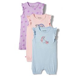 Bonfino 100% Cotton Knit Flutter Sleeves Romper with Polka Dots & Unicorn Print Pack of 3 - Blue Pink & Purple