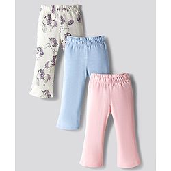 Bonfino 100% Cotton Knit Full Length Flare Leggings With Unicorn Print Pack Of 3 - Light Blue White & Pink
