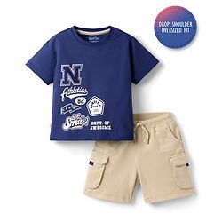 Bonfino 100% Cotton Knit Drop Shoulder Half Sleeves Oversized T-Shirt & Cargo Shorts Set with Text Print - Multicolor