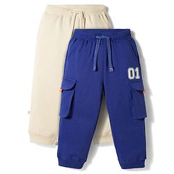 Bonfino 100% Cotton Knit Full Length Lounge Pants with Cargo Pocket & Number Print Pack of 2 - Navy Blue & Beige