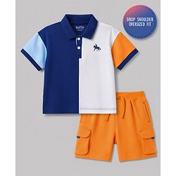 Bonfino 100% Cotton Knit Color Block Half Sleeves Polo T-Shirt & Cargo Shorts Set - Orange White & Blue