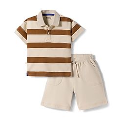 Bonfino 100% Cotton Knit Half Sleeves Striped Polo T-Shirt & Shorts Set - Beige