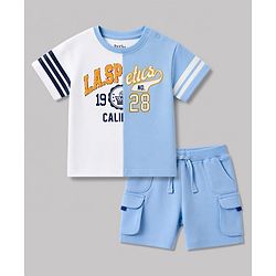 Bonfino 100% Cotton Drop Shoulder Oversized Color Block Front Printed Half Sleeve T-Shirt & Cargo Shorts Set - Blue & White