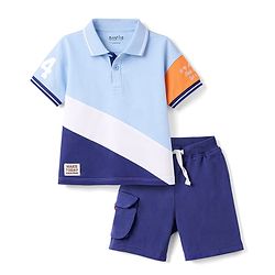 Bonfino 100% Cotton Pique Knit Half Sleeves Polo T-Shirt & Cargo Shorts Set with Color Block Design - White & Blue