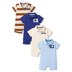 Bonfino 100% Cotton Knit Half Sleeves Printed Polo Rompers Pack Of 4 - Beige & Blue