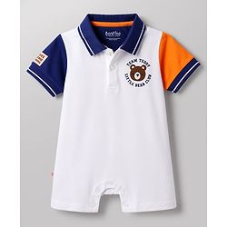 Bonfino 100% Cotton Pique Color Block Half Sleeves Polo Romper With Print on Sleeve - White
