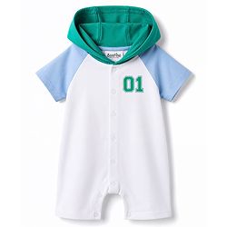 Bonfino 100% Cotton Knit Color Block Raglan Half Sleeves Hooded Romper With Print on Back - White