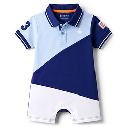 Bonfino 100% Cotton Pique Color Block Half Sleeves Polo Romper With Print on Sleeve - Multicolor