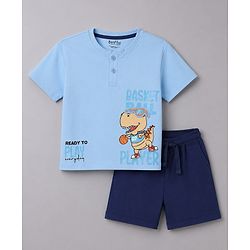Bonfino 100% Cotton Knit Half Sleeves Henley Neck Oversized T-Shirt & Shorts Set With Dino Print - Blue