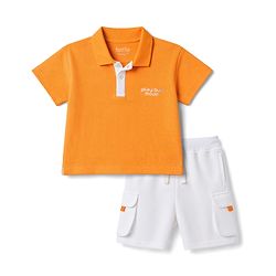 Bonfino 100% Cotton Knit Half Sleeves Polo T-Shirt & Cargo Shorts Set - Orange & White
