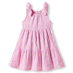 Bonfino Cotton Woven Sleeveless Checked & Floral Embroidered tiered Frock - Pink