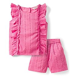 Bonfino Cotton Woven Sleeveless Schiffli Ruffles Top & Shorts Set - Pink