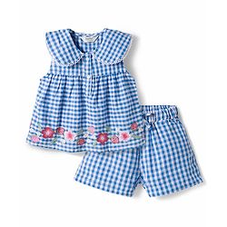Bonfino 100% Cotton Woven Sleeveless Checkered Top & Shorts Set with Floral Embroidery - Blue