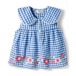 Bonfino 100% Cotton Woven Sleeveless Checkered Top & Shorts Set with Floral Embroidery - Blue