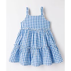 Bonfino 100% Cotton Woven Sleeveless Fit & Flared Tiered Checkered Dress - Blue