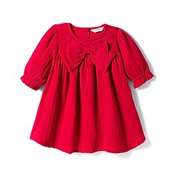 Bonfino 100% Cotton Woven Full Sleeves Solid Dress With Self Fabric Bow Applique - Red