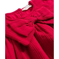 Bonfino 100% Cotton Woven Full Sleeves Solid Dress With Self Fabric Bow Applique - Red