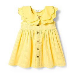 Bonfino 100% Cotton Woven Frill Sleeves Striped Frock with Exaggerated Scalopped Collar - Yellow
