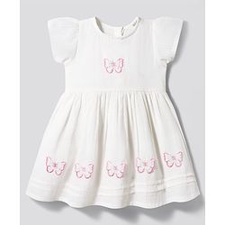 Bonfino 100% Cotton Woven Cap Sleeve Fit & Flair Dress With Butterfly 3D Applique - White