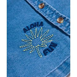 Bonfino 100% Cotton Woven Half Sleeves Oversized Denim Shirt With Tree Embroidery - Blue